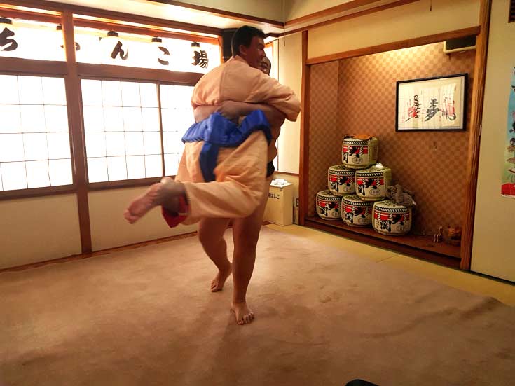 Wrestling a sumo in Tokyo, Japan